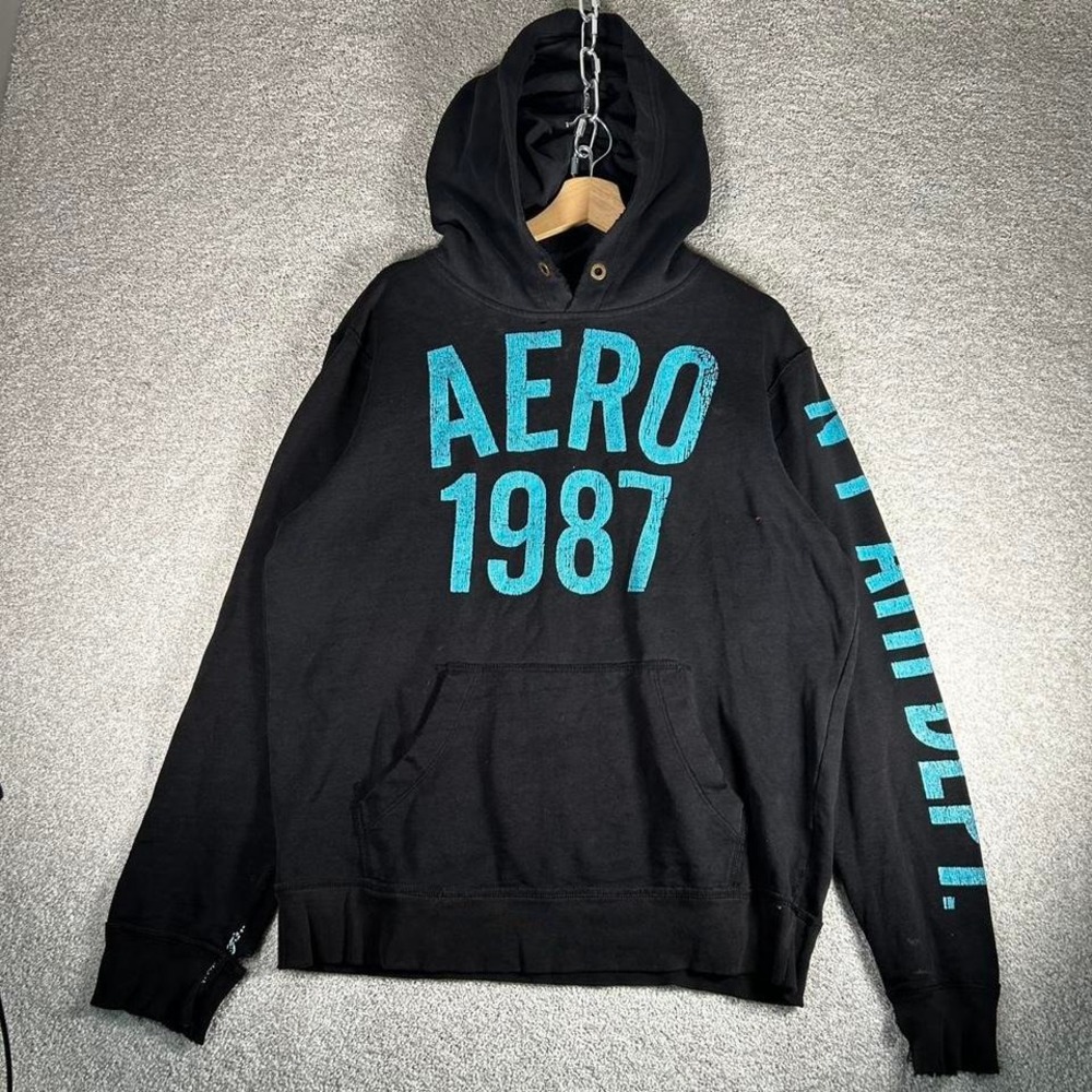 Y2K Men's Aeropostale faded and distressed black grunge hoodie Size M